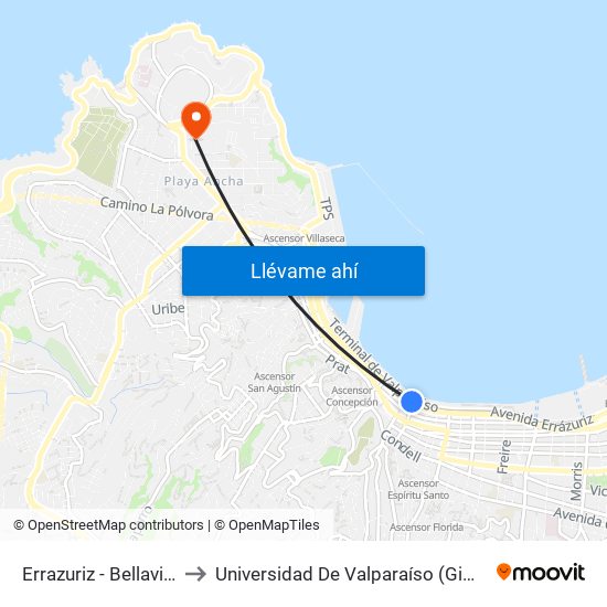 Errazuriz - Bellavista / Oriente to Universidad De Valparaíso (Gimnasio Polideportivo) map