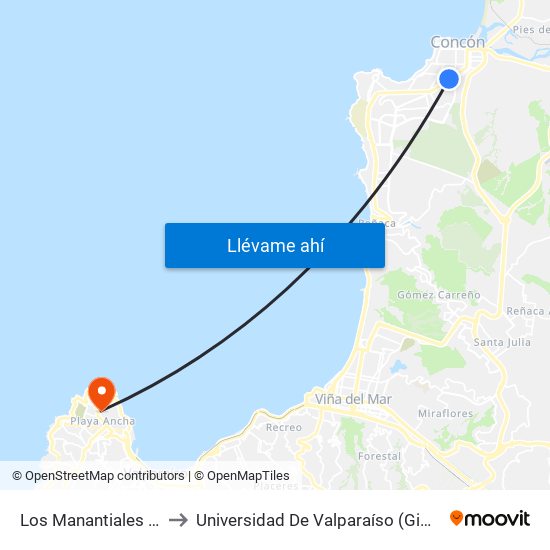 Los Manantiales - Magallanes to Universidad De Valparaíso (Gimnasio Polideportivo) map