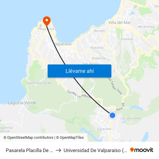 Pasarela Placilla De Peñuelas / Oriente to Universidad De Valparaíso (Gimnasio Polideportivo) map