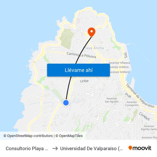 Consultorio Playa Ancha / Poniente to Universidad De Valparaíso (Gimnasio Polideportivo) map