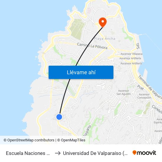 Escuela Naciones Unidas / Poniente to Universidad De Valparaíso (Gimnasio Polideportivo) map