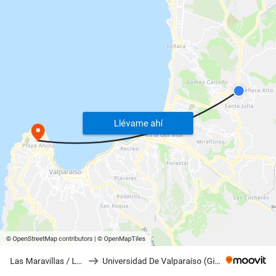 Las Maravillas / Lateral Sodimac to Universidad De Valparaíso (Gimnasio Polideportivo) map