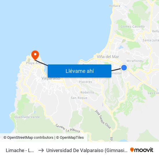 Limache - Lusitania to Universidad De Valparaíso (Gimnasio Polideportivo) map