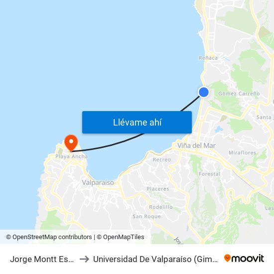 Jorge Montt Escuela Naval to Universidad De Valparaíso (Gimnasio Polideportivo) map