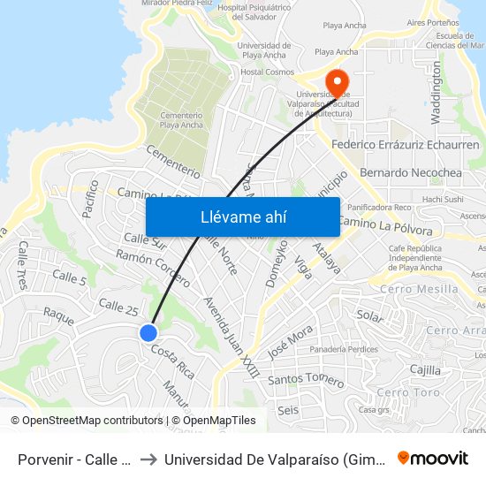 Porvenir - Calle Veinticinco to Universidad De Valparaíso (Gimnasio Polideportivo) map