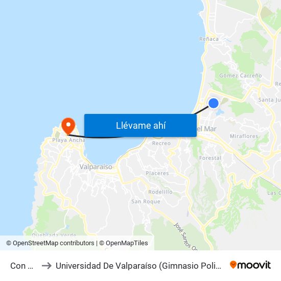 Con Con to Universidad De Valparaíso (Gimnasio Polideportivo) map