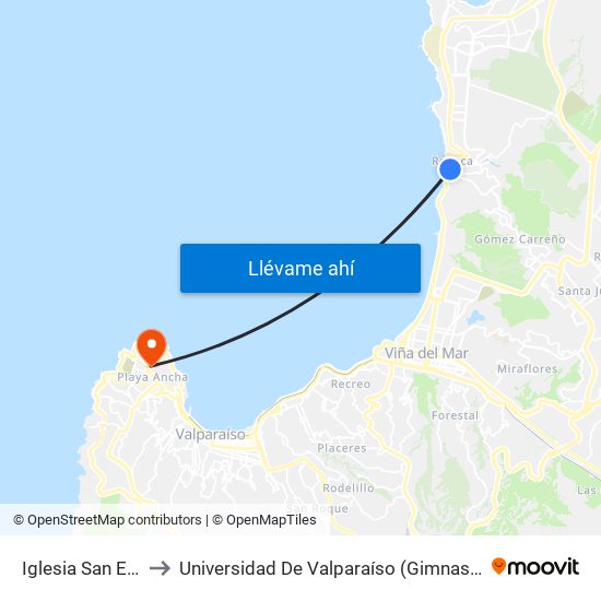 Iglesia San Expedito to Universidad De Valparaíso (Gimnasio Polideportivo) map