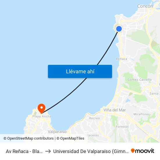 Av Reñaca - Blanca Estela to Universidad De Valparaíso (Gimnasio Polideportivo) map