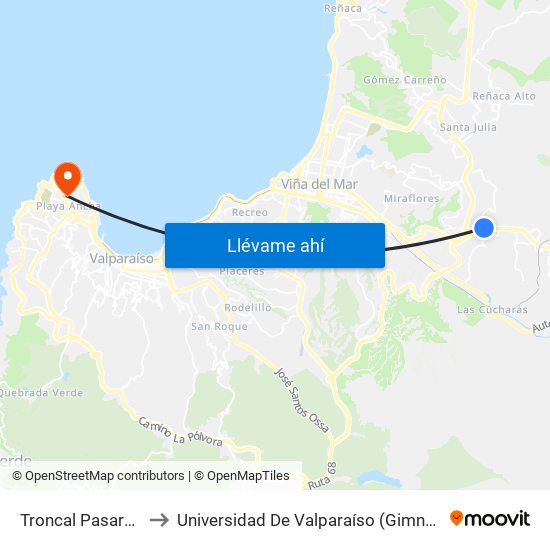 Troncal Pasarela 3 / Sur to Universidad De Valparaíso (Gimnasio Polideportivo) map