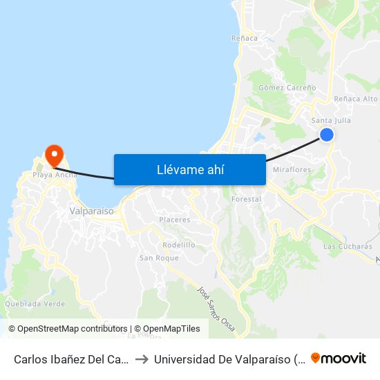 Carlos Ibañez Del Campo - Anita Lizama to Universidad De Valparaíso (Gimnasio Polideportivo) map