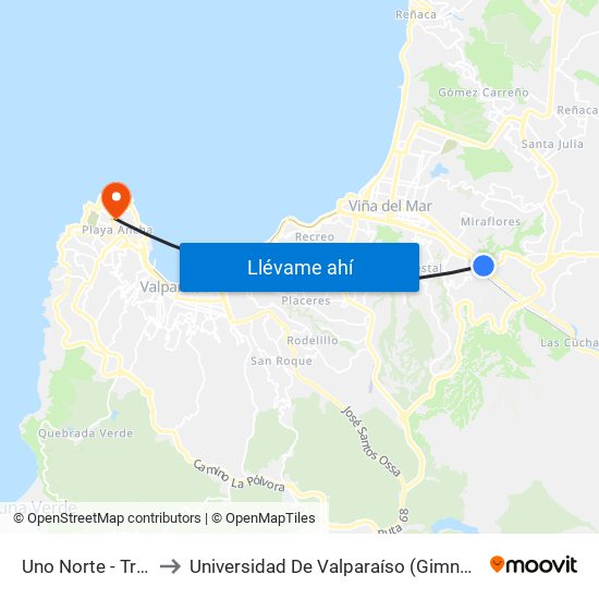 Uno Norte - Troncal Sur to Universidad De Valparaíso (Gimnasio Polideportivo) map