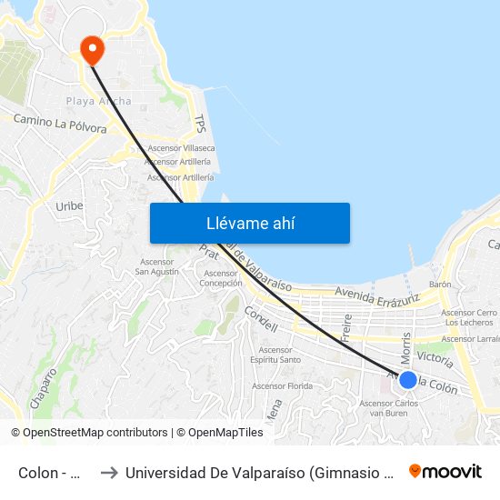 Colon - Morris to Universidad De Valparaíso (Gimnasio Polideportivo) map