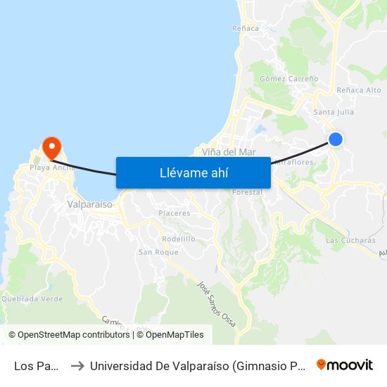 Los Papiros to Universidad De Valparaíso (Gimnasio Polideportivo) map