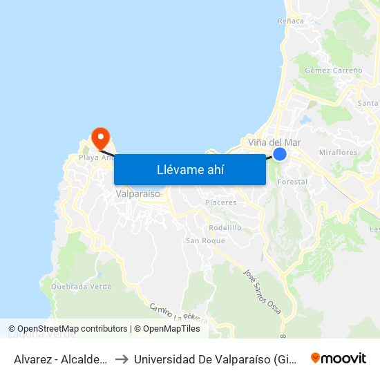Alvarez - Alcalde Prieto Nieto to Universidad De Valparaíso (Gimnasio Polideportivo) map