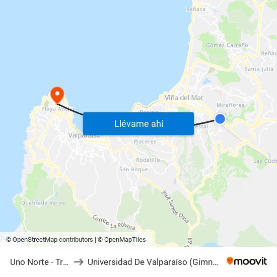 Uno Norte - Troncal Sur to Universidad De Valparaíso (Gimnasio Polideportivo) map