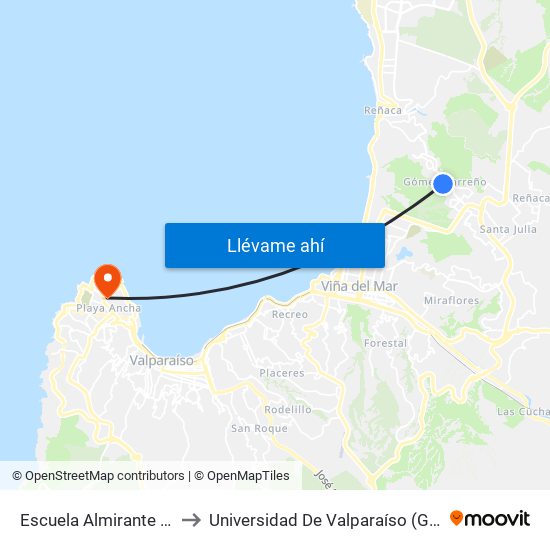 Escuela Almirante Gomez Carreño to Universidad De Valparaíso (Gimnasio Polideportivo) map