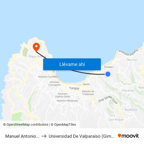Manuel Antonio 402 Matta to Universidad De Valparaíso (Gimnasio Polideportivo) map