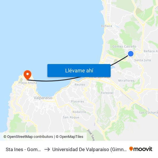 Sta Ines - Gomez Carreño to Universidad De Valparaíso (Gimnasio Polideportivo) map