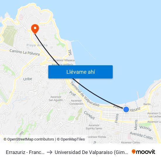 Errazuriz - Francia / Oriente to Universidad De Valparaíso (Gimnasio Polideportivo) map