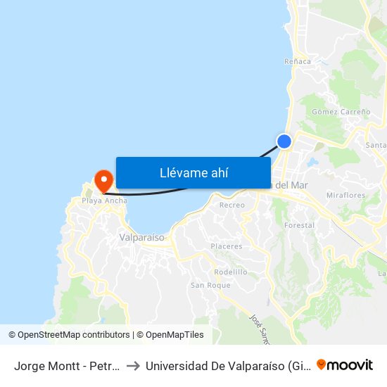 Jorge Montt - Petrobras / Oriente to Universidad De Valparaíso (Gimnasio Polideportivo) map