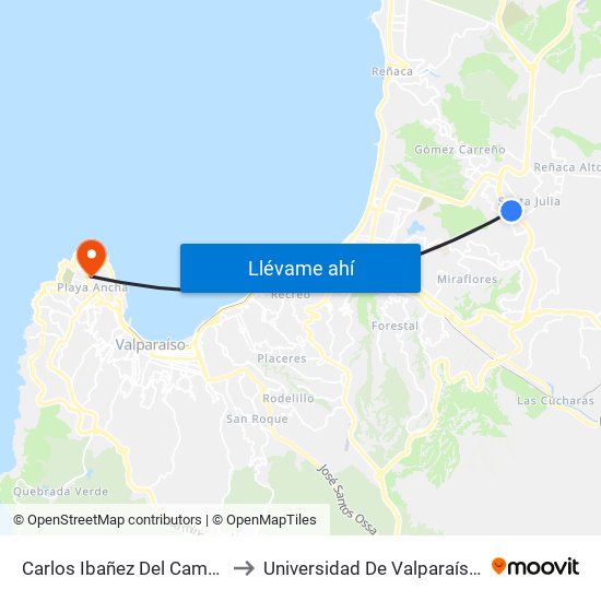 Carlos Ibañez Del Campo - Puente Los Tulipanes to Universidad De Valparaíso (Gimnasio Polideportivo) map