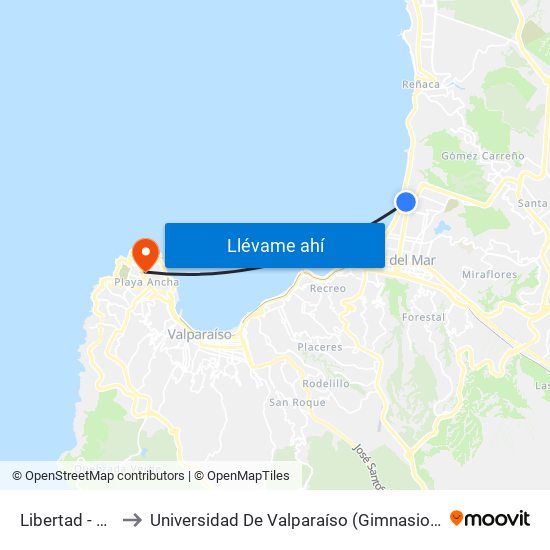 Libertad - 18 Nte to Universidad De Valparaíso (Gimnasio Polideportivo) map