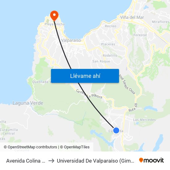 Avenida Colina Verde, 201 to Universidad De Valparaíso (Gimnasio Polideportivo) map