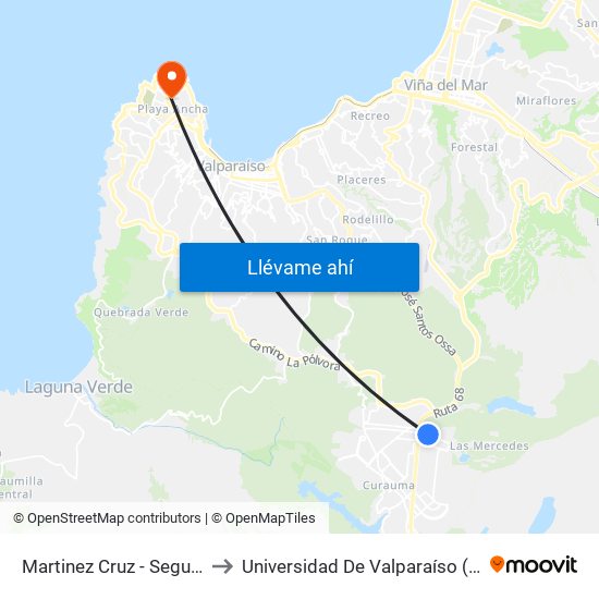 Martinez Cruz - Segunda Independencia to Universidad De Valparaíso (Gimnasio Polideportivo) map