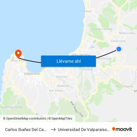 Carlos Ibañez Del Campo - Los Renunculosb to Universidad De Valparaíso (Gimnasio Polideportivo) map