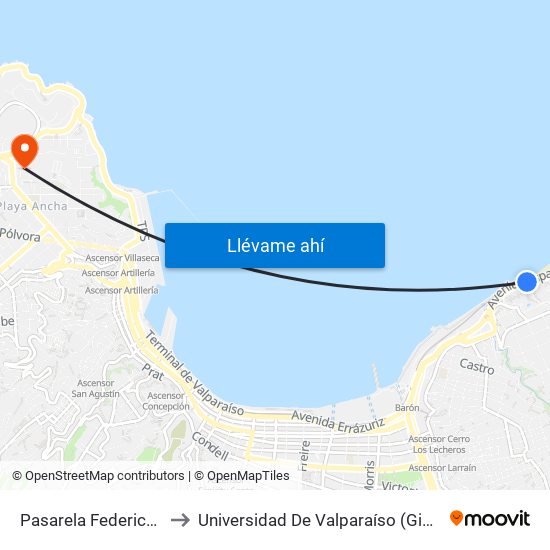 Pasarela Federico Santa Maria to Universidad De Valparaíso (Gimnasio Polideportivo) map