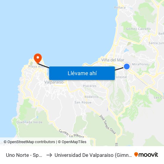 Uno Norte - Sporting Club to Universidad De Valparaíso (Gimnasio Polideportivo) map