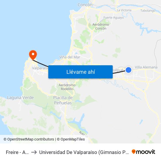 Freire - Araus to Universidad De Valparaíso (Gimnasio Polideportivo) map