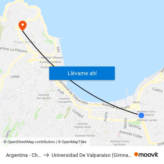 Argentina - Chacabuco to Universidad De Valparaíso (Gimnasio Polideportivo) map