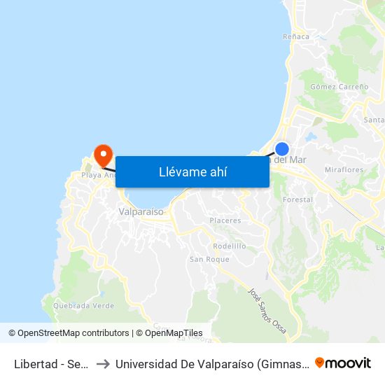 Libertad - Seis Norte to Universidad De Valparaíso (Gimnasio Polideportivo) map