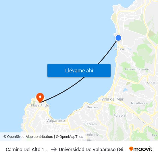 Camino Del Alto 1555 / Poniente to Universidad De Valparaíso (Gimnasio Polideportivo) map