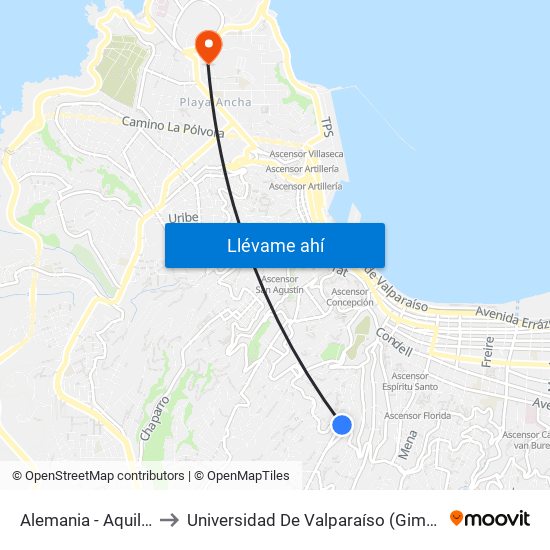 Alemania - Aquiles Ramirez to Universidad De Valparaíso (Gimnasio Polideportivo) map