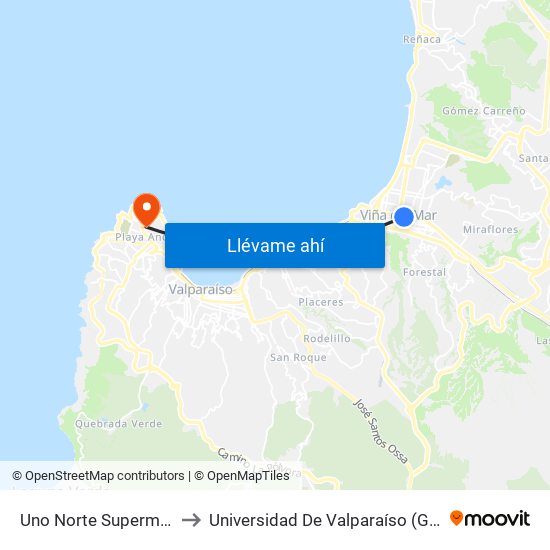 Uno Norte Supermercado Unimarc to Universidad De Valparaíso (Gimnasio Polideportivo) map