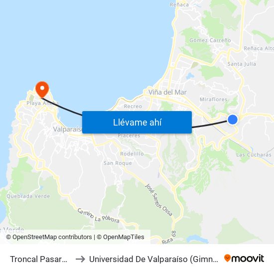 Troncal Pasarela / Norte to Universidad De Valparaíso (Gimnasio Polideportivo) map