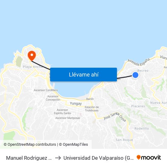 Manuel Rodriguez - 18 Septiembre to Universidad De Valparaíso (Gimnasio Polideportivo) map