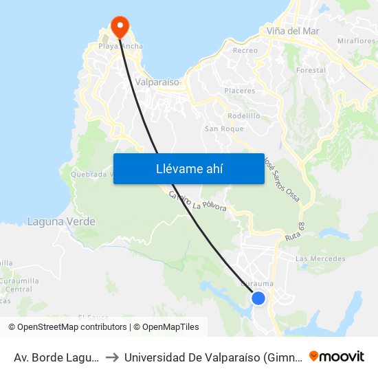 Av. Borde Laguna / Norte to Universidad De Valparaíso (Gimnasio Polideportivo) map