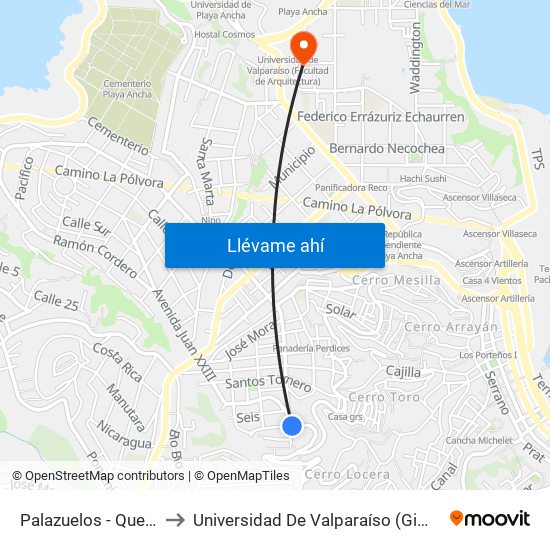 Palazuelos - Quebrada Verde to Universidad De Valparaíso (Gimnasio Polideportivo) map