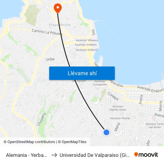 Alemania - Yerbas Buenas / Sur to Universidad De Valparaíso (Gimnasio Polideportivo) map