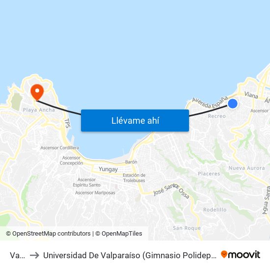 Valle to Universidad De Valparaíso (Gimnasio Polideportivo) map