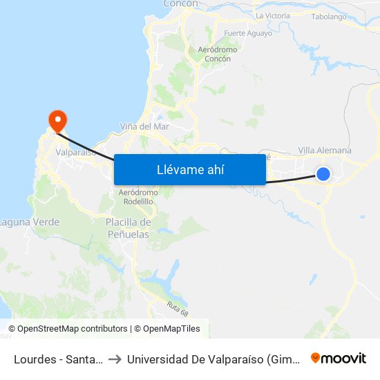 Lourdes - Santa Margarita to Universidad De Valparaíso (Gimnasio Polideportivo) map