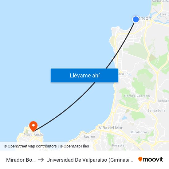 Mirador Borgoño to Universidad De Valparaíso (Gimnasio Polideportivo) map