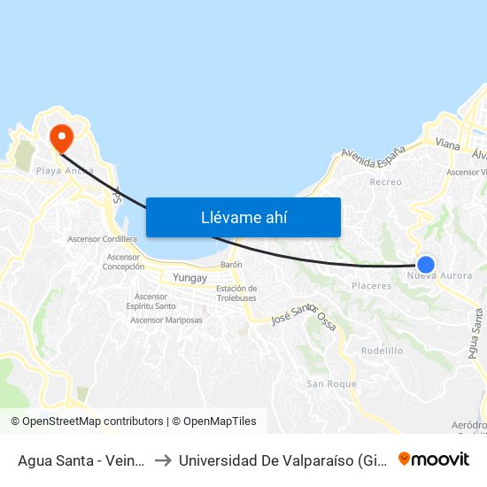 Agua Santa - Veintiuno De Mayo to Universidad De Valparaíso (Gimnasio Polideportivo) map