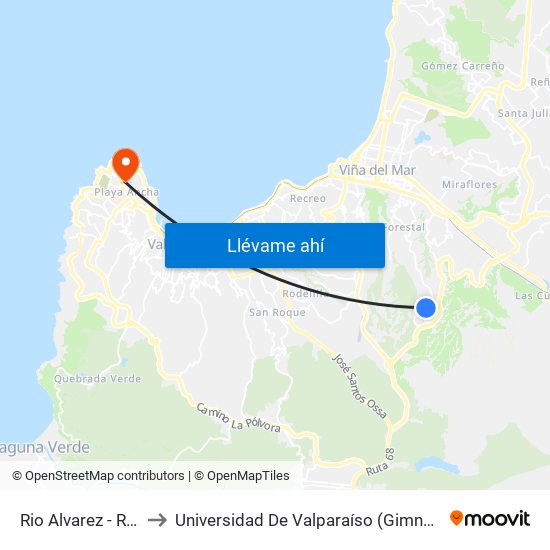 Rio Alvarez - Rio Blanco to Universidad De Valparaíso (Gimnasio Polideportivo) map