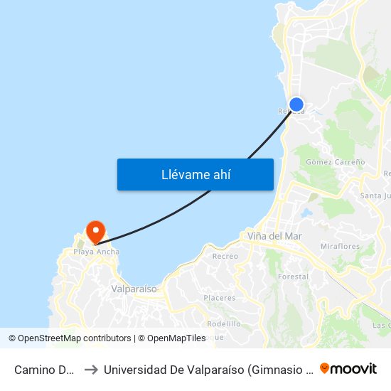 Camino Del Alto to Universidad De Valparaíso (Gimnasio Polideportivo) map