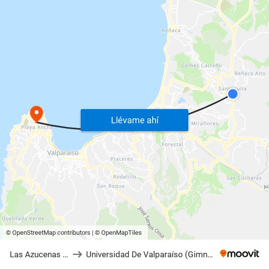 Las Azucenas - Lourdes to Universidad De Valparaíso (Gimnasio Polideportivo) map