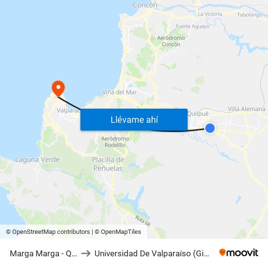 Marga Marga - Quintero / Sur to Universidad De Valparaíso (Gimnasio Polideportivo) map